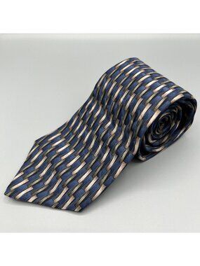 Savile Row Made in USA 100% Silk Blue & Brown Geometric Pattern Wide Silk Tie